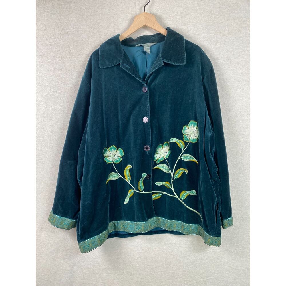 Jessica Holbrook Womens Emerald Green Velvet Embroidered Jacket Size‎ 2X Artsy
